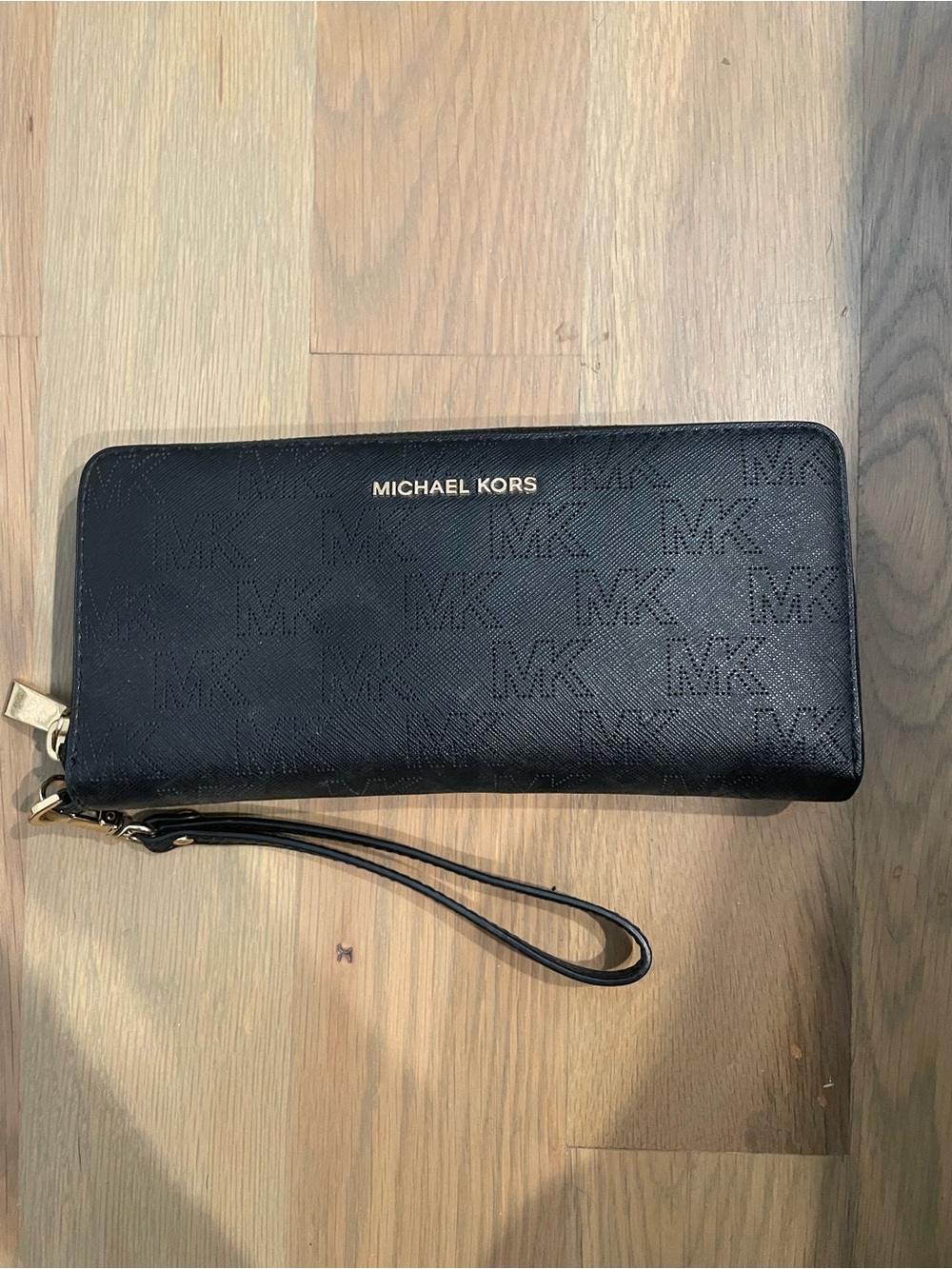 Michael Kors Black MK Logo Zip Wristlet with Gold Hardware